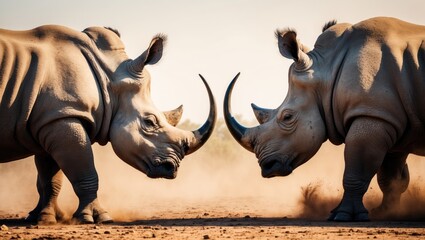 Fototapeta premium Confrontation between two white rhinos in the savannah.