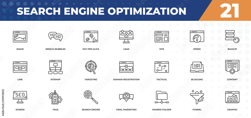 Poster outline icons set - search engine optimization concept. image, speech bubbles and more.