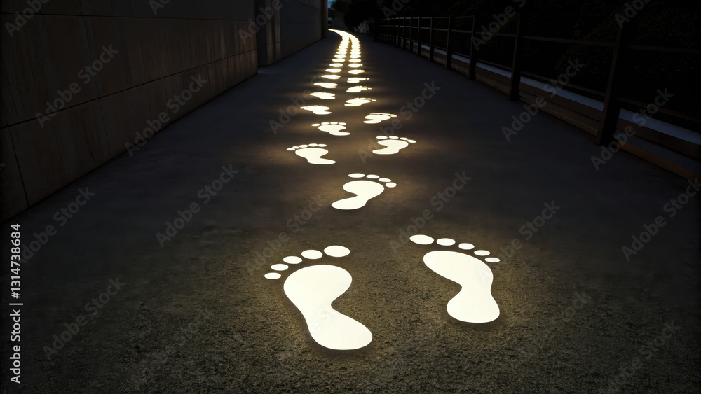 Poster glowing path of light footprints leads along dark walkway, creating serene and inviting atmosphere. 