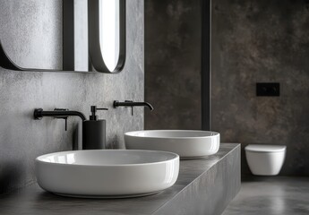 Fototapeta premium Elegant bathroom interior design featuring modern white vessel sinks on a concrete countertop with stylish black faucets in a minimalist setting