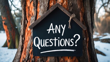 Any inquiries on attractive house blackboard. Stunning tree backdrop. Business and Q and A theme, copy space.