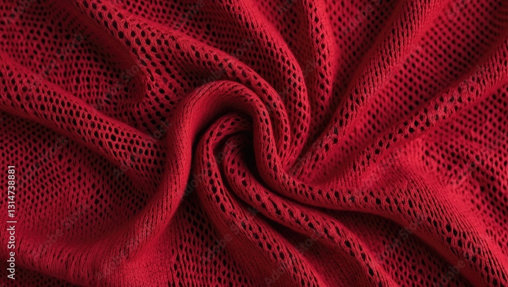 Poster Close-up background of knitted wool fabric featuring a dots pattern. Vivid red color crumpled knitting wool knitwear texture. Openwork abstract knitted jersey fabric as an abstract backdrop.
