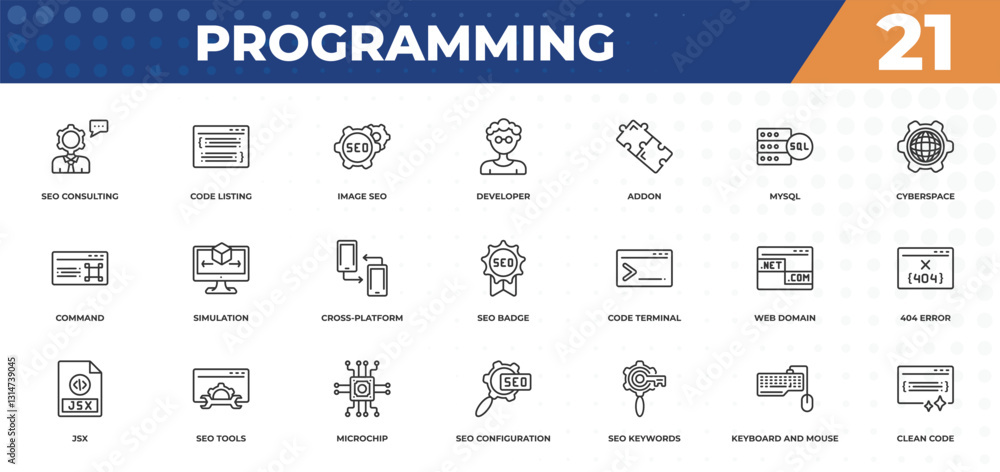 Poster outline icons set - programming concept. seo consulting, code listing and more.