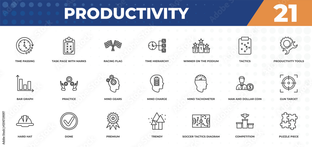 Poster outline icons set - productivity concept. time passing, task page with marks and more.