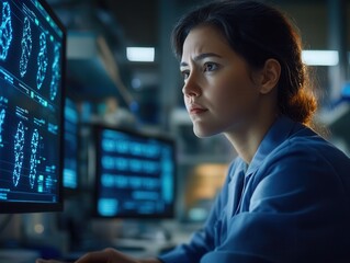 Scientists in a cutting-edge lab analyze complex data while working late into the night on breakthrough research projects. Generative AI