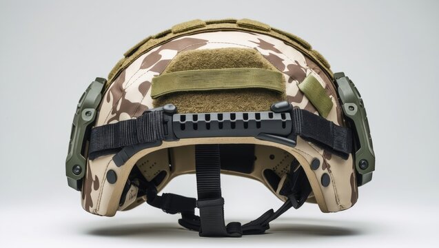 Army Kevlar helmet featuring an NVG mount and camouflage cover, placed against a white background.