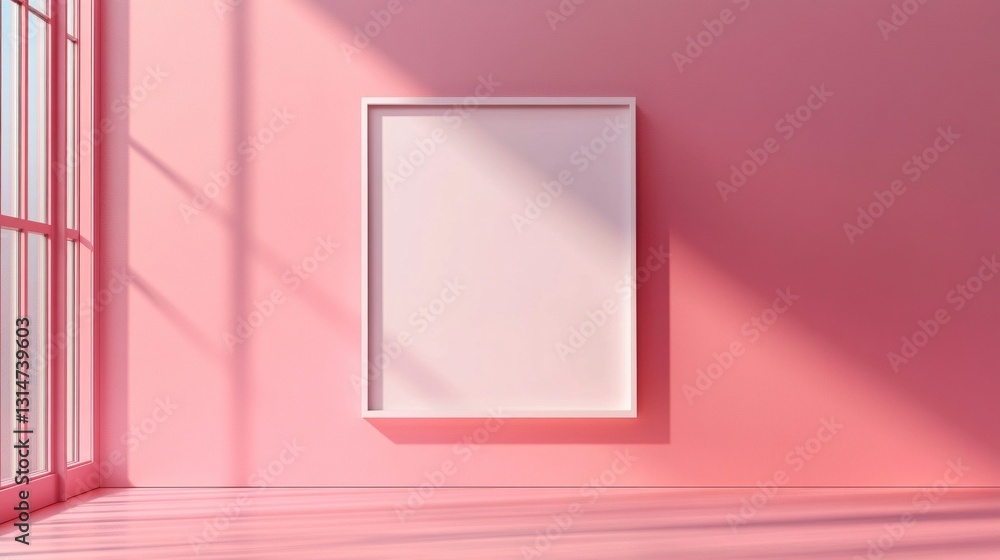 Poster in a tranquil pastel pink room, soft rays of sunlight stream through tall windows, casting delicate 