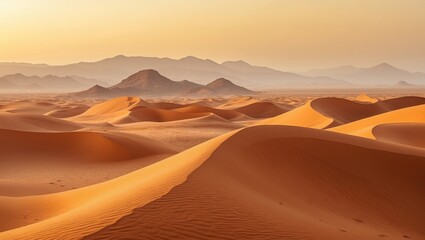 Panoramic landscape of orange sand dune desert featuring orange mountains and hills.