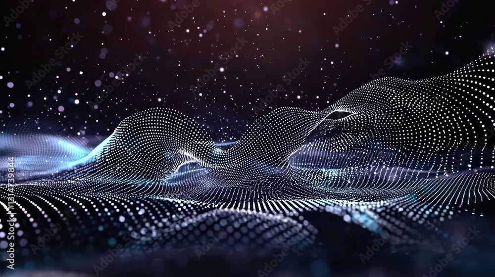 Poster abstract digital landscape composed of illuminated dots and lines in blue and purple with dark backg