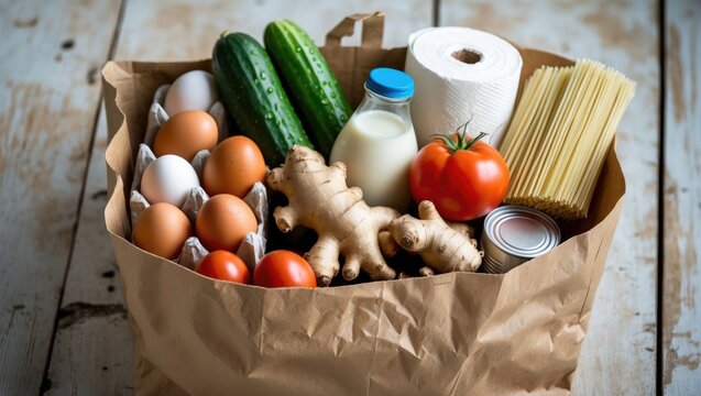 Paper shopping bag containing assorted food items. Food donation, safe delivery service idea.