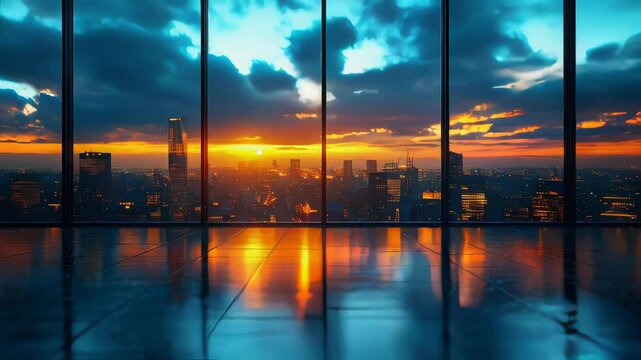 A modern office interior with floor-to-ceiling windows showcasing a city skyline at sunset, warm lighting, and stylish design