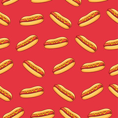 Seamless pattern of hotdogs with mustard on a red background. Perfect for food, fabric designs or backgrounds.