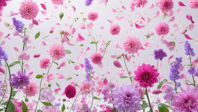 repeatable pink blossom breeze of various flying flower buds and petals, in depth of field, set against pure white