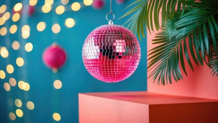 Fototapeta premium Pink disco ball with tropical palm leaves decoration and vibrant stage wall platform.