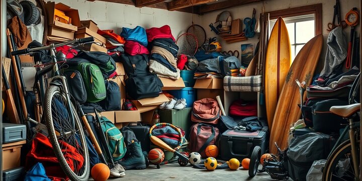 Overstuffed Storage Room A Collection of Sporting Goods, Travel Gear, and Assorted Belongings Crammed into a Small Space