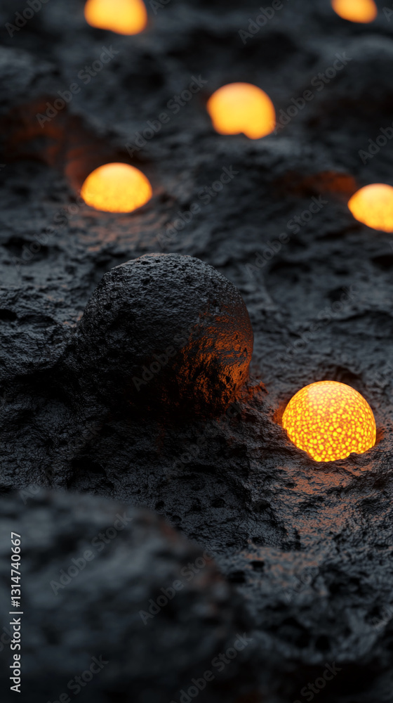 Poster dark textured surface with embedded glowing orange spheres, creating a dramatic and mysterious scene