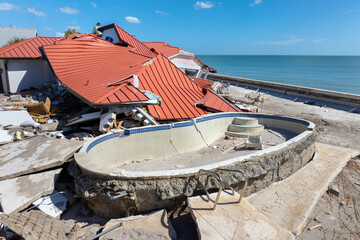 Hurricane Milton consequences on Manasota Key, Florida. Destroyed houses on sea coast. Storm surge severe damage