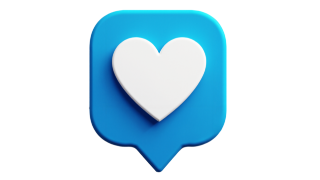Three-Dimensional Like Button Icon with Heart Shape Isolated on Transparent Background for Social Media Graphics