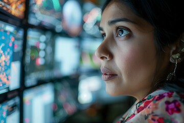 A focused woman examines complex data on digital screens, showcasing analytical skills in a tech-driven environment.
