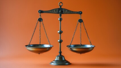 Pendulum scales set against an orange background in a concept of enforcement and justice.