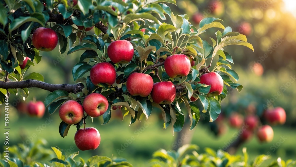 Aufkleber horizontal banner featuring an apple tree set against a sunny morning backdrop. lush red apples are 