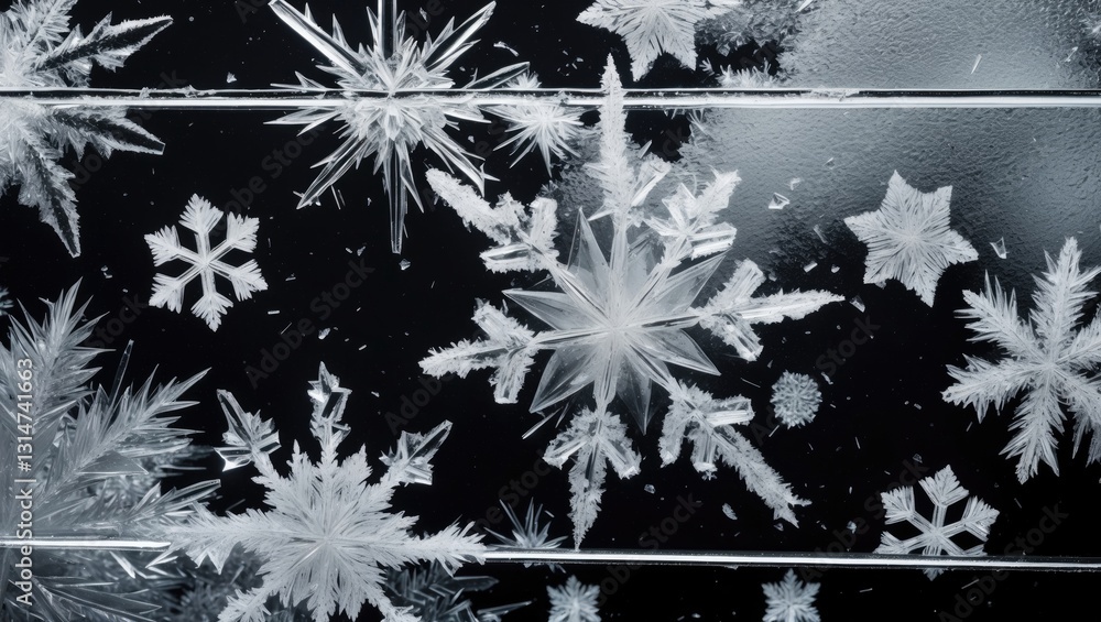 Poster an abstract image showcasing a frost pattern on a glass surface. the macro captures a black and whit