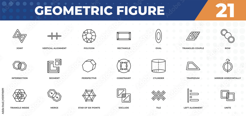 Poster outline icons set - geometric figure concept. joint, vertical alignment and more.