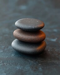 Serene zen stones stacked in perfect balance on dark textured surface promoting wellness and peace