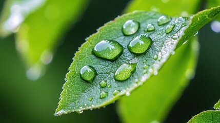 Dew on a green leaf reflecting rays of light . 
