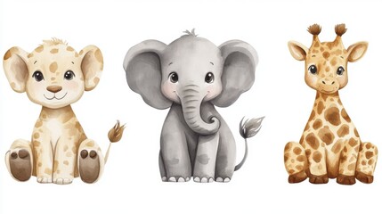 Watercolor safari animals lion elephant giraffe illustration on white background for children decoration