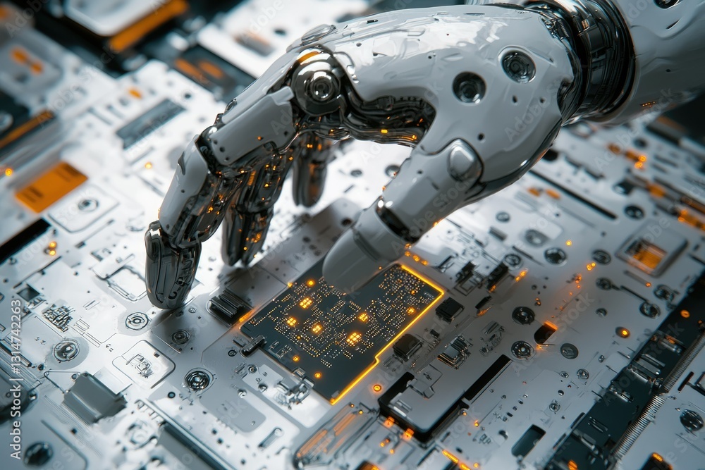 Poster a robotic hand interacts with a circuit board, showcasing advanced technology and artificial intelli