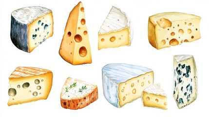 Illustration of types of cheese on white background