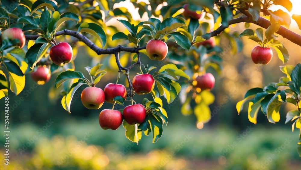 Aufkleber horizontal banner featuring an apple tree against a bright morning background. ripe red apples are s