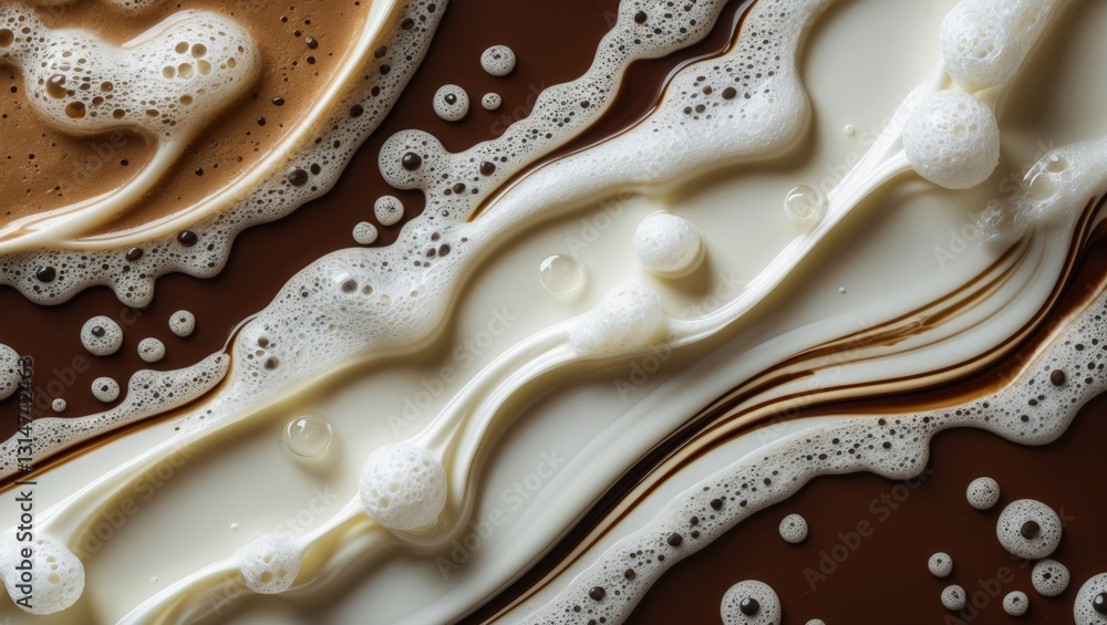Poster high-angle comprehensive view of coffee and milk mixing together, featuring frothy foam bubbles and 