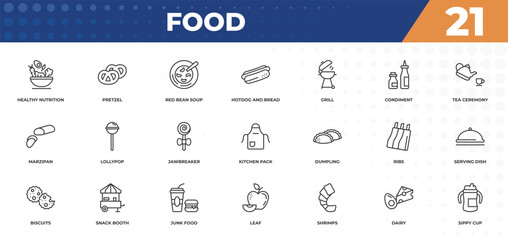 outline icons set - food concept. healthy nutrition, pretzel and more.