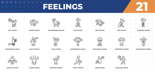 outline icons set - feelings concept. hot human, down human and more.