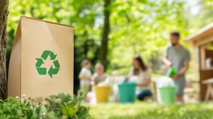 Family sorting waste into different recycling bins in the garden, promoting environmental awareness and responsible waste management