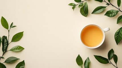 Overhead view of a cup of tea surrounded by green leaves on a beige background.