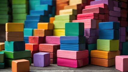 Spectrum of stacked multi-colored blocks. Background or cover for creative, diverse, expanding, rising, or growing concepts.