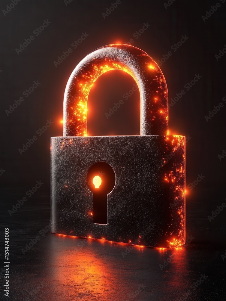 Poster glowing padlock security concept with fiery edges on dark background capturing digital safety and da