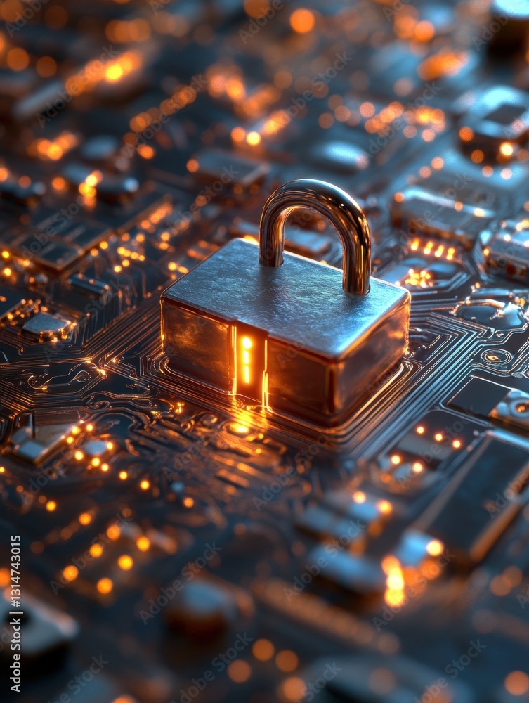 Poster cyber security concept with padlock on circuit board representing data protection and digital safety