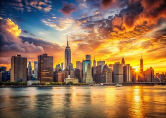 Obraz premium Manhattan Sunset Silhouette from Long Island City: Vintage Cityscape