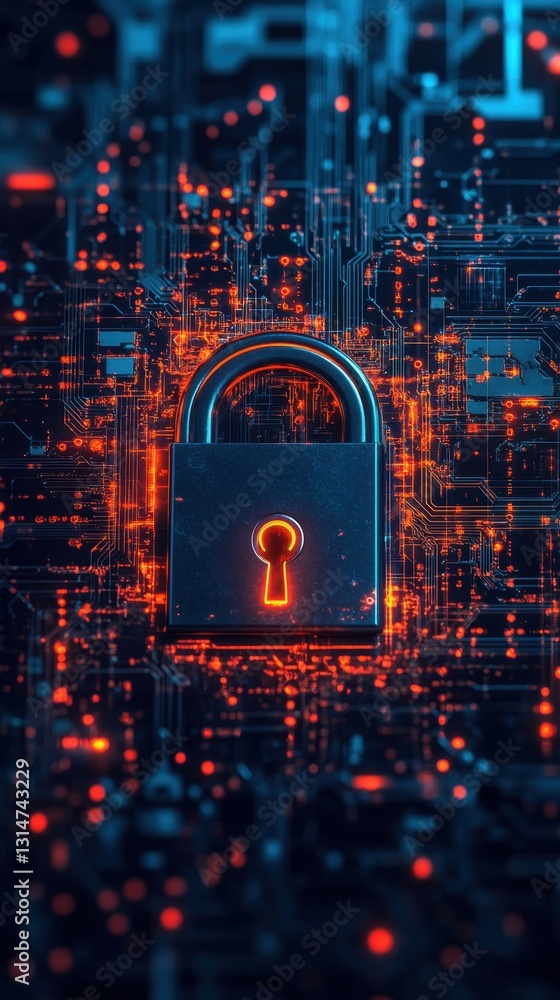 Poster cyber security lock on glowing circuit board background digital data protection technology concept