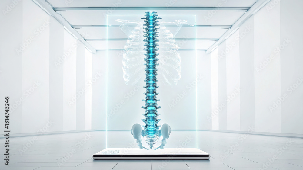Poster futuristic holographic projection of human spine displayed in modern, minimalistic environment. tran