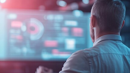 Analyzing data on futuristic display, professional engaged in co