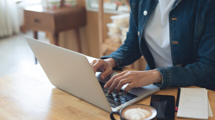 Woman working on laptop computer in coffee shop, freelance at work, people lifestyle. Business...