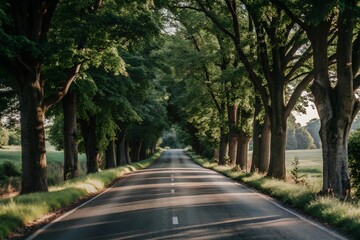 Fototapeta premium Autumn street with tree leaves, peaceful countryside road with fresh greenery summer