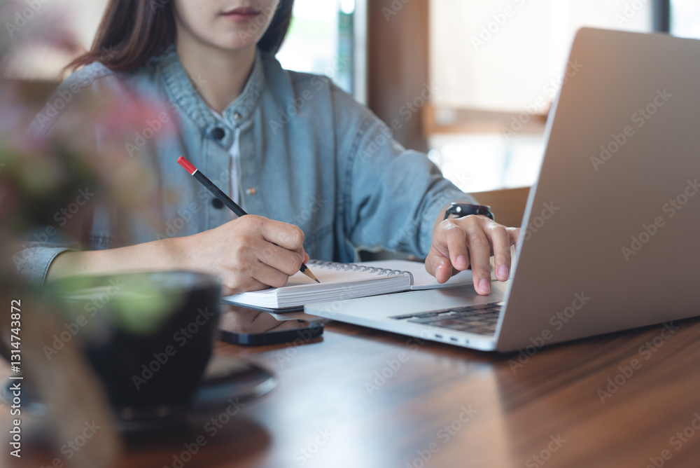 Aufkleber woman working on laptop computer and planning work project on notebook, e-learning, remote work, fem