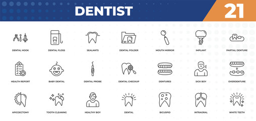 outline icons set - dentist concept. dental hook, dental floss and more.