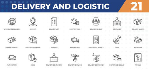 outline icons set - delivery and logistic concept. worldwide delivery, support and more.